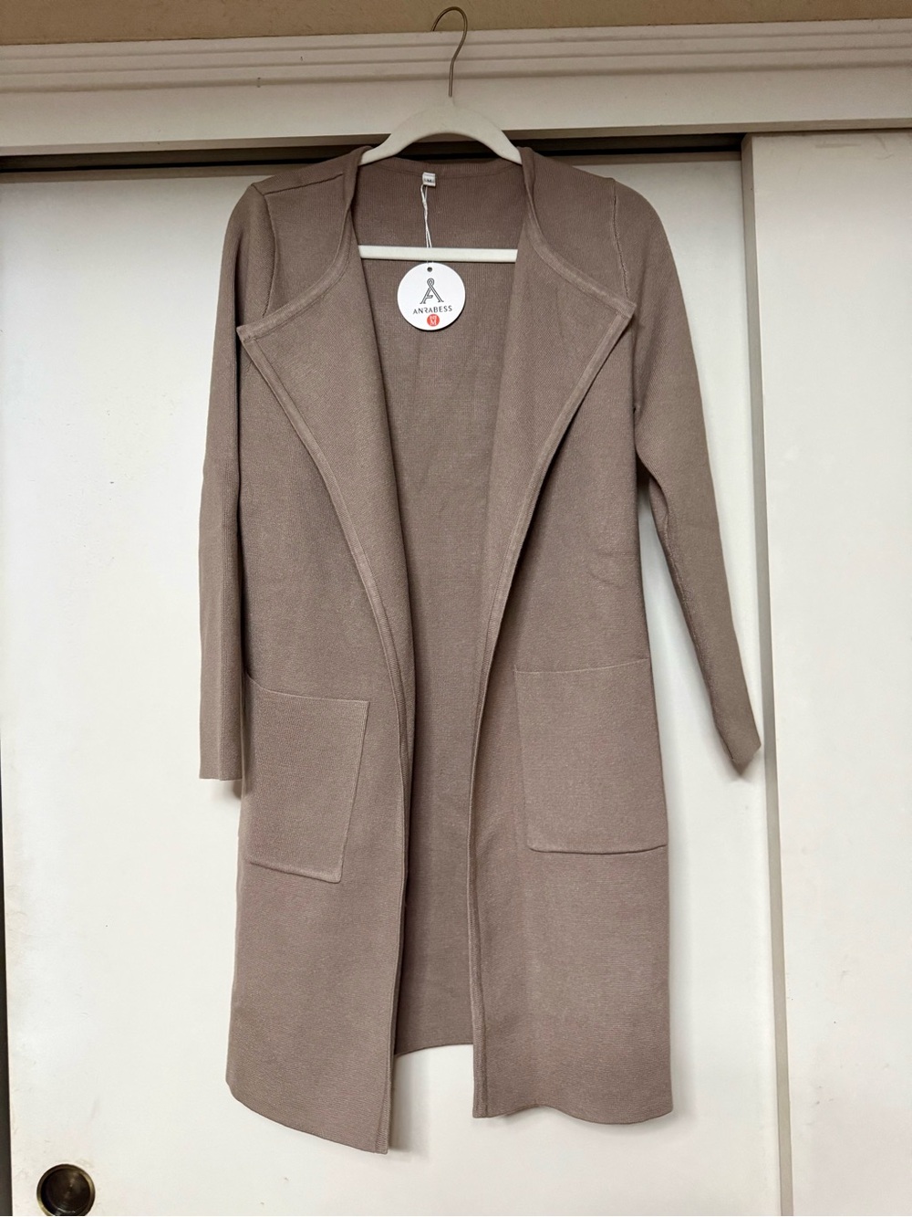 Open-Front Longline Cardigan in Taupe by Ana & Dress